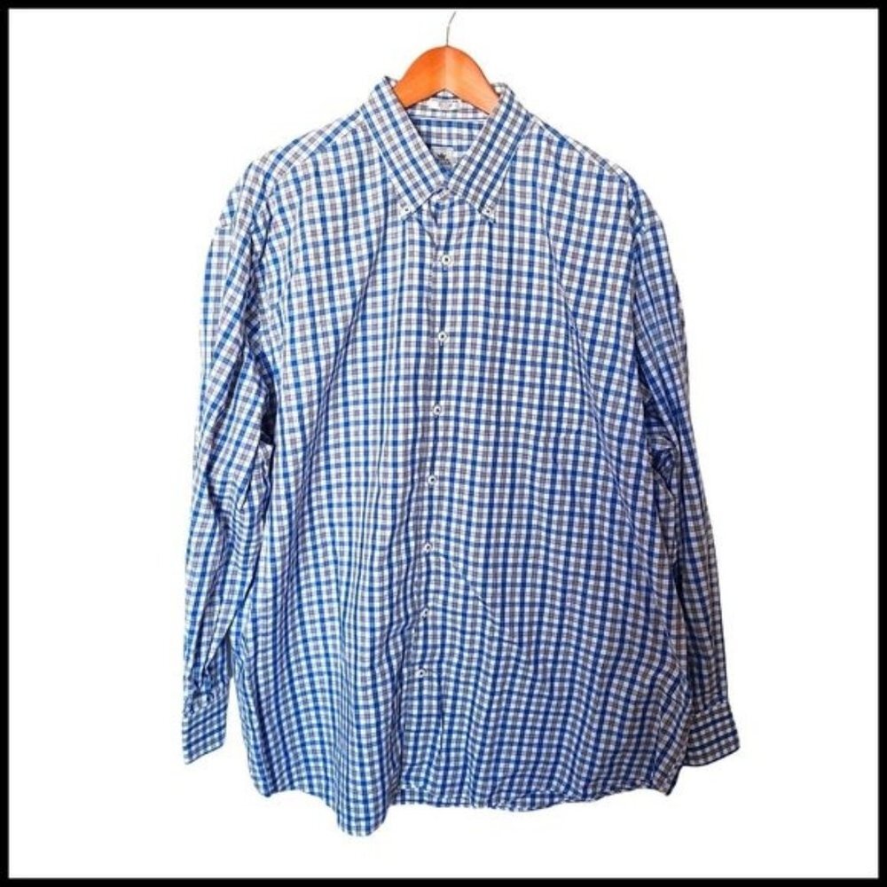 Peter Millar Dress Button Down Shirt White Blue Gray Check XXL 100% Cotton